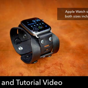 May include: A black leather cuff watch strap for an Apple Watch, featuring silver-tone metal rivets and a wide band design. The text on the image reads: Apple Watch straps both sizes included, and Pattern and Tutorial Video.