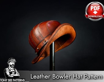 May include: A brown leather bowler hat featuring visible stitched seams along the crown, a matching leather band with metallic studs, and a curved brim. The image includes a PDF download icon and text reading Tony See Patterns Leather Bowler Hat Pattern.