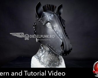 May include: A black leather horse mask featuring a structured design with pointed ears, a central mane, and silver-toned metal rivets along the seams. The mask includes the text DIESELPUNK.RO and the words Pattern and Tutorial Video.
