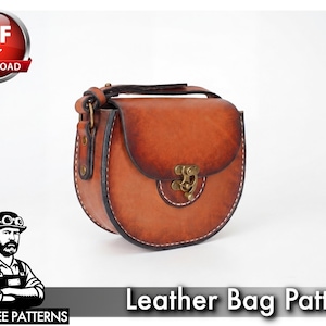 May include: A brown leather bag with a rounded shape and a flap closure. The bag features a handle and a decorative clasp. The text "Leather Bag Pattern" is displayed below the bag. The bag is approximately 8 inches wide and 7 inches tall.