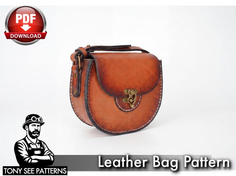May include: A brown leather bag with a rounded shape and a flap closure. The bag features a handle and a decorative clasp. The text "Leather Bag Pattern" is displayed below the bag. The bag is approximately 8 inches wide and 7 inches tall.