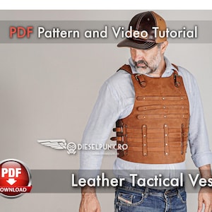 Puede incluir: Un chaleco táctico de cuero marrón con múltiples correas y remaches. El chaleco se lleva sobre una camisa azul claro. La imagen incluye el texto "PDF Pattern and Video Tutorial" y "Leather Tactical Vest".