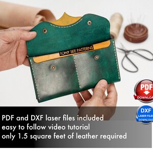 May include: Open green leather wallet with yellow accents, held open to display the interior. The wallet has two pockets and is stitched with white thread. The text "TONY SEE PATTERNS" is visible. The image also includes a PDF download button.