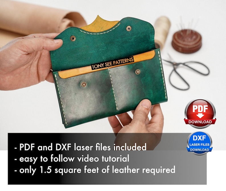May include: Open green leather wallet with yellow accents, held open to display the interior. The wallet has two pockets and is stitched with white thread. The text "TONY SEE PATTERNS" is visible. The image also includes a PDF download button.