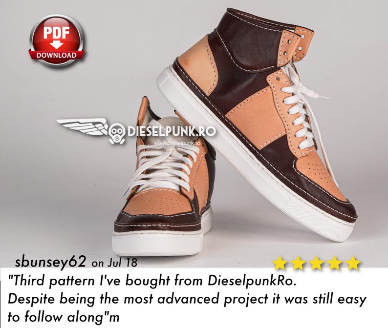 Puede incluir: Un par de zapatillas de deporte de ca&ntilde;a alta de cuero marr&oacute;n y beige con cordones blancos. Las zapatillas tienen una suela blanca y un ribete de cuero marr&oacute;n alrededor de la parte superior del zapato. El texto "DIESELPUNK.RO" es visible en el lateral del zapato.