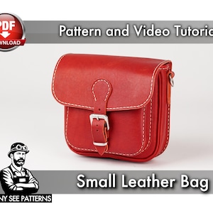 May include: A small, red leather bag with a flap closure and a silver buckle. The bag has white stitching and a shoulder strap. The image also includes the text "Pattern and Video Tutorial" and "Small Leather Bag".