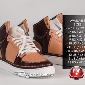 Puede incluir: Dos pares de zapatillas de ca&ntilde;a alta marrones y beige con cordones blancos. Las zapatillas tienen una parte superior de cuero marr&oacute;n con un panel de cuero beige en el lateral. El texto "AVAILABLE SIZES" se muestra en el lado derecho de la imagen con una lista de tallas US y EU. El texto "DIESELPUNK.RO" se muestra en la parte inferior de la imagen con la direcci&oacute;n del sitio web "www.dieselpunk.ro".