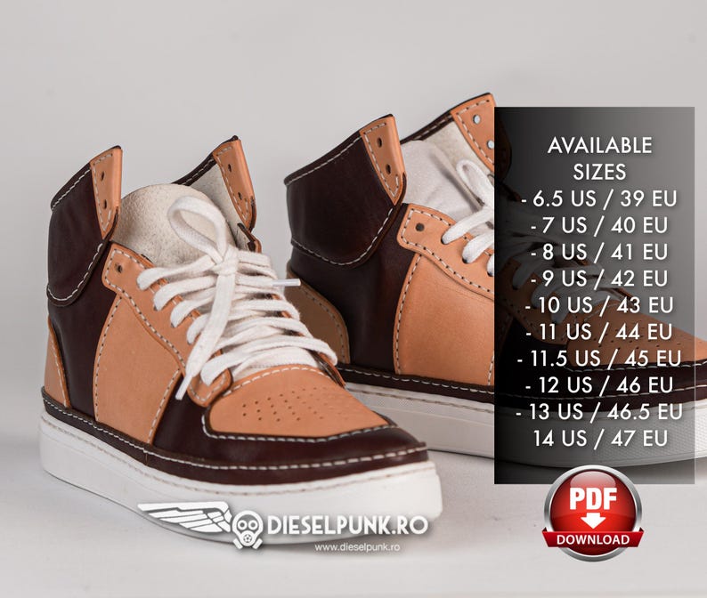 Puede incluir: Dos pares de zapatillas de ca&ntilde;a alta marrones y beige con cordones blancos. Las zapatillas tienen una parte superior de cuero marr&oacute;n con un panel de cuero beige en el lateral. El texto "AVAILABLE SIZES" se muestra en el lado derecho de la imagen con una lista de tallas US y EU. El texto "DIESELPUNK.RO" se muestra en la parte inferior de la imagen con la direcci&oacute;n del sitio web "www.dieselpunk.ro".