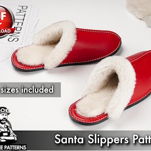 May include: A pair of red slippers with white faux fur lining and white stitching along the edges. The image includes text that reads PDF DOWNLOAD, 21 sizes included, Santa Slippers Patterns, and TONY SEE PATTERNS with a graphic of a person.