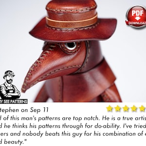 May include: A brown leather plague doctor figurine featuring a wide-brimmed hat, a long pointed beak mask with visible stitching, and a circular eye lens. The image includes a PDF download icon and a logo with the text TONY SEE PATTERNS.