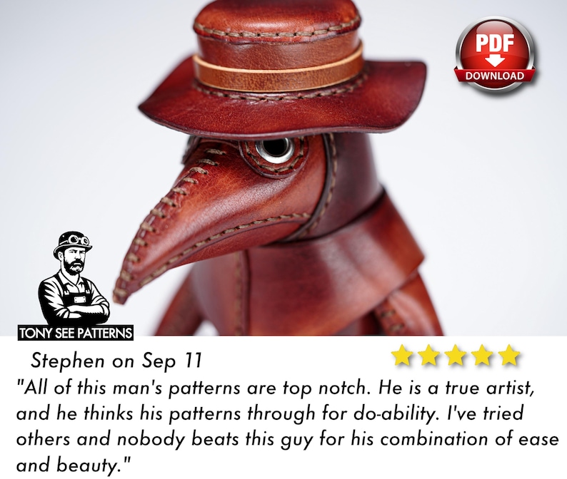 May include: A brown leather plague doctor figurine featuring a wide-brimmed hat, a long pointed beak mask with visible stitching, and a circular eye lens. The image includes a PDF download icon and a logo with the text TONY SEE PATTERNS.