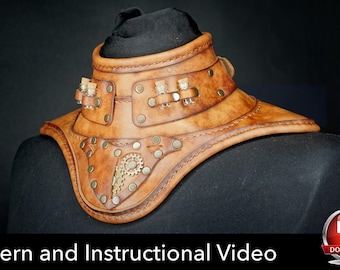 May include: A tan leather neck collar featuring brass rivets, two small glass vials with cork stoppers, and decorative metal gear accents. The piece includes a text overlay at the bottom that reads Pattern and Instructional Video.