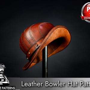May include: A brown leather bowler hat featuring visible stitched seams along the crown and a decorative band with metallic studs. The text "PDF DOWNLOAD" appears in a red circular badge, and the text "TONY SEE PATTERNS" is present.