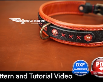 May include: A leather collar featuring a black center strap with red cross-stitching and copper rivets, bordered by orange leather edges. It includes a brass D-ring and buckle. The image displays the text DIESELPUNK.RO, DXF LASER FILES, PDF DOWNLOAD, and Pattern and Tutorial Video.