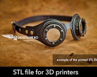 Puede incluir: Gafas oscuras con monturas circulares, detalles de tornillos metálicos y una correa fina ajustable. El texto DIESELPUNK.RO, example of the printed STL file y STL file for 3D printers son visibles en la imagen.
