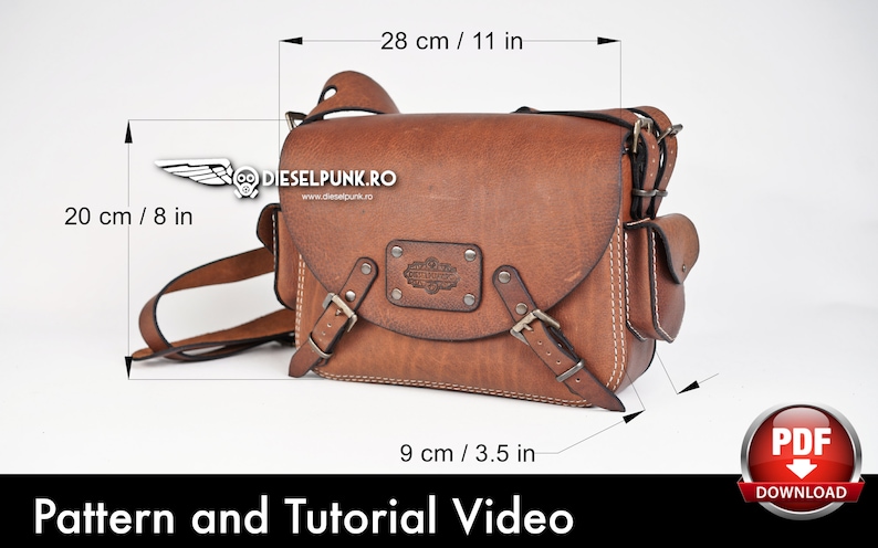 May include: A brown leather messenger bag with a flap closure and two buckles. The bag has a small pocket on the side and a metal plate with the text "DIESELPUNK.RO" on the front. The bag measures 11 inches wide, 8 inches tall, and 3.5 inches deep.