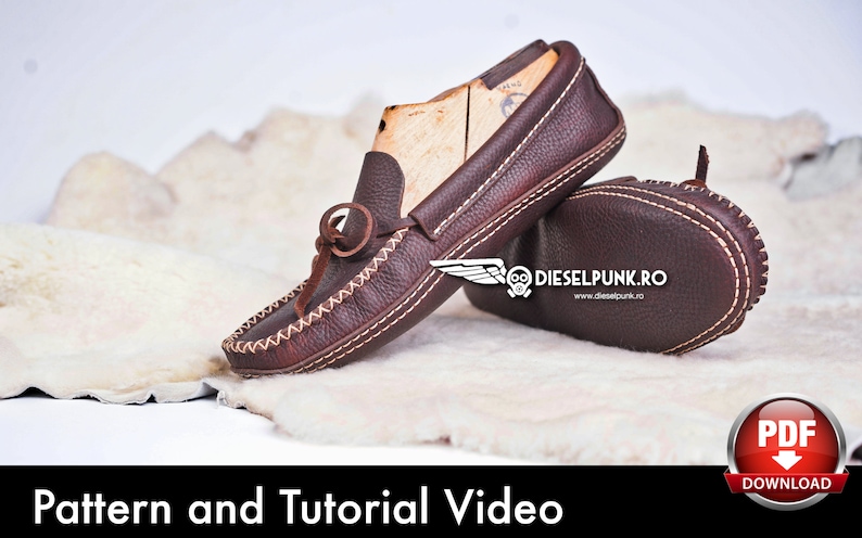 May include: Brown leather moccasins with white stitching detail. The moccasins are on a white fur surface. The text "DIESELPUNK.RO" is visible on the website address.