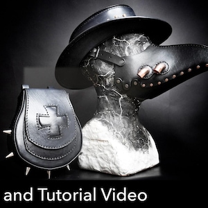 May include: A black leather plague doctor mask with copper-colored eye vents and a matching black leather hat, displayed alongside a black leather pouch featuring a cross emblem and metal spikes. The text reads Pattern and Tutorial Video.