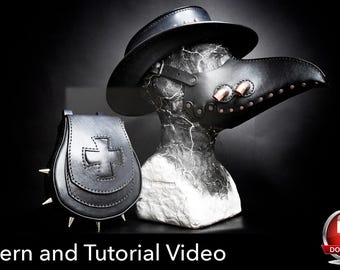 May include: A black leather plague doctor mask with copper-colored eye vents and a matching black leather hat, displayed on a textured bust next to a black leather pouch featuring a cross emblem and silver-colored spikes. Text reads: Pattern and Tutorial Video.