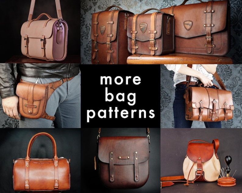Pode incluir: Uma cole&ccedil;&atilde;o de bolsas de couro em v&aacute;rios estilos e cores, incluindo uma bolsa de m&atilde;o, uma bolsa transversal, uma mochila e uma bolsa de cinto. A imagem tamb&eacute;m inclui o texto "more bag patterns".