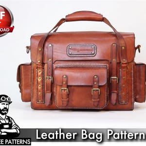 May include: A brown leather bag with multiple pockets, buckles, and a top handle. The bag has a rectangular shape with a flap closure and decorative stitching. The image also includes the text "Leather Bag Pattern".