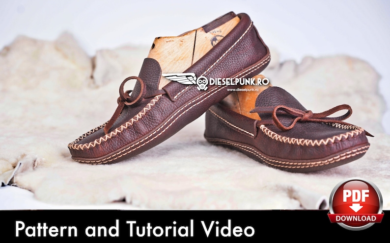 May include: A pair of brown leather moccasins with white stitching detail. The moccasins have a bow tie detail and are displayed on a white fur surface. The text "Pattern and Tutorial Video" is displayed below the moccasins. A red button with a white arrow pointing down and the text "PDF DOWNLOAD" is displayed in the bottom right corner of the image.
