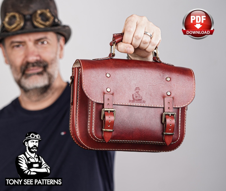 May include: A burgundy leather satchel with brass buckles and stitching. The bag has a top handle and a flap closure. The image includes a PDF download icon and the text "TONY SEE PATTERNS".