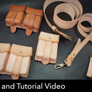 May include: A collection of light tan leather pouches, a belt, and straps with metal hardware, alongside a weathered brown leather double pouch. The image includes the text Pattern and Tutorial Video and a red PDF Download icon.