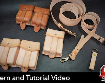 May include: A collection of light tan leather pouches, a belt, and straps with metal hardware, alongside a weathered brown leather double pouch. The image includes the text Pattern and Tutorial Video and a red PDF Download icon.