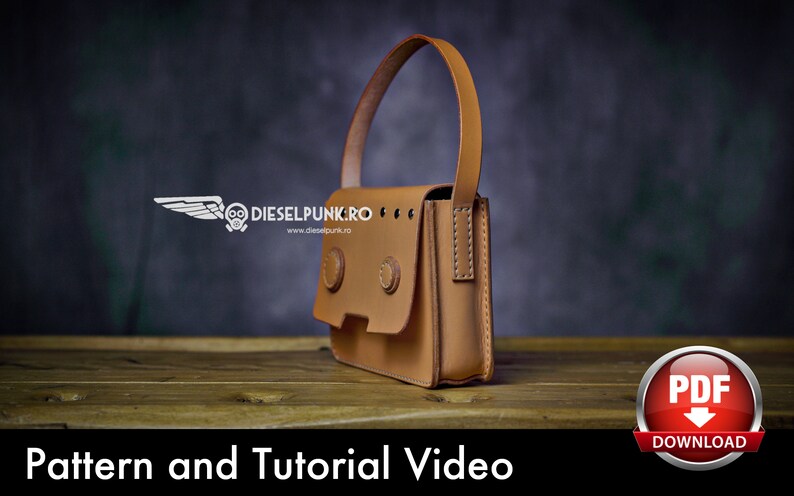 May include: A brown leather handbag with a top handle and a flap closure. The bag has two metal buttons on the front and is stitched with white thread. The bag is sitting on a wooden surface.  Pattern and Tutorial Video PDF Download.