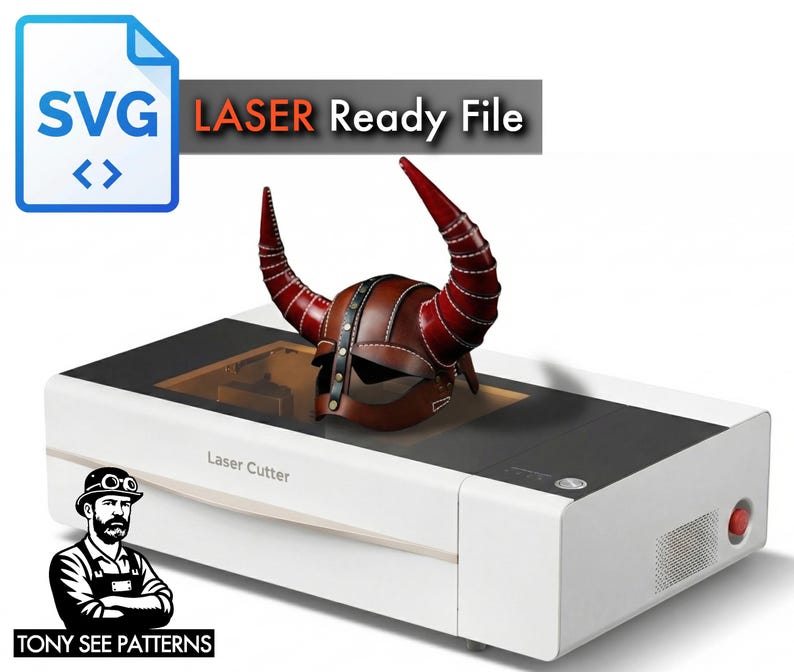 May include: A brown leather Viking helmet with red horns rests on a white laser cutter machine. The image includes the text "SVG Laser Ready File" and a logo for "TONY SEE PATTERNS".