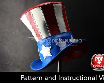 May include: A top hat featuring a red, white, and blue color scheme with vertical stripes on the crown and white stars on a blue band. The hat includes the text DIESELPUNK.RO and a PDF DOWNLOAD icon with the text Pattern and Instructional Video.