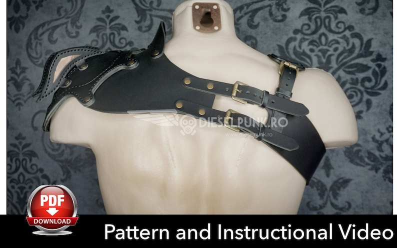 May include: Black leather shoulder armor with a wing design and straps. The armor is on a mannequin. The image includes the text "Pattern and Instructional Video" and a download button for a PDF.