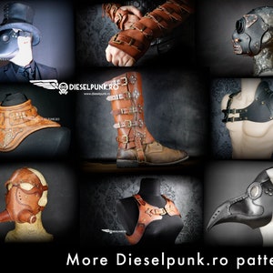 May include: A collage of steampunk-inspired leather accessories. Featured items include a plague doctor mask, goggles, a top hat, arm cuffs, a shoulder piece, a chest harness, and a tall boot with multiple buckles. The text "More Dieselpunk.ro patterns" is at the bottom.