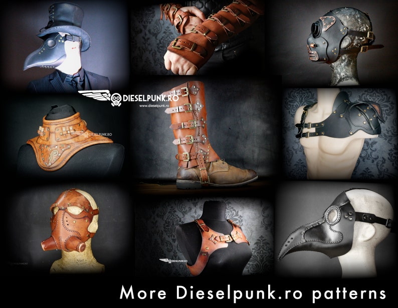 May include: A collage of steampunk-inspired leather accessories. Featured items include a plague doctor mask, goggles, a top hat, arm cuffs, a shoulder piece, a chest harness, and a tall boot with multiple buckles. The text "More Dieselpunk.ro patterns" is at the bottom.