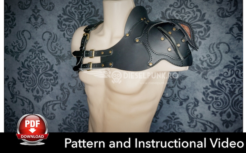 May include: A black leather shoulder armor with buckles and rivets. The armor is worn on a mannequin. The image includes the text "Pattern and Instructional Video" and a download button labeled "PDF".