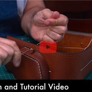 May include: A person stitching brown leather together with white thread. The leather is being sewn into a box shape. The image includes the text "Pattern and Tutorial Video" and a "PDF Download" button.