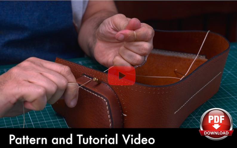 May include: A person stitching brown leather together with white thread. The leather is being sewn into a box shape. The image includes the text "Pattern and Tutorial Video" and a "PDF Download" button.