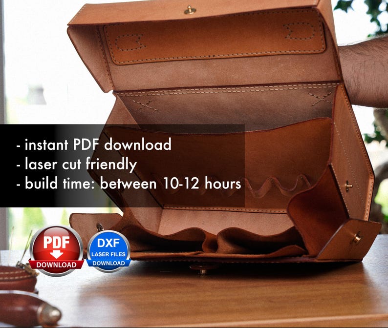 May include: An open brown leather box with a hinged lid, revealing a compartment with multiple slots. The box is laser cut friendly and has an estimated build time of 10-12 hours. The image includes text: "instant PDF download", "laser cut friendly", "build time: between 10-12 hours", "PDF DOWNLOAD", "DXF LASER FILES DOWNLOAD".