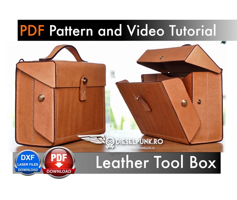 May include: A brown leather tool box with a hinged lid, open to reveal the interior. The box has a flap on the front with a button closure. The image includes the text "PDF Pattern and Video Tutorial", "DXF Laser Files Download", "PDF Download", and "Leather Tool Box".