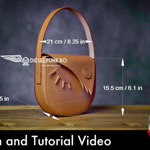 May include: A brown leather handbag with a flap closure and a decorative eye design. The bag measures 8.25 inches tall and 6.1 inches wide. The image includes the text "DIESELPUNK.RO" and "Pattern and Tutorial Video".