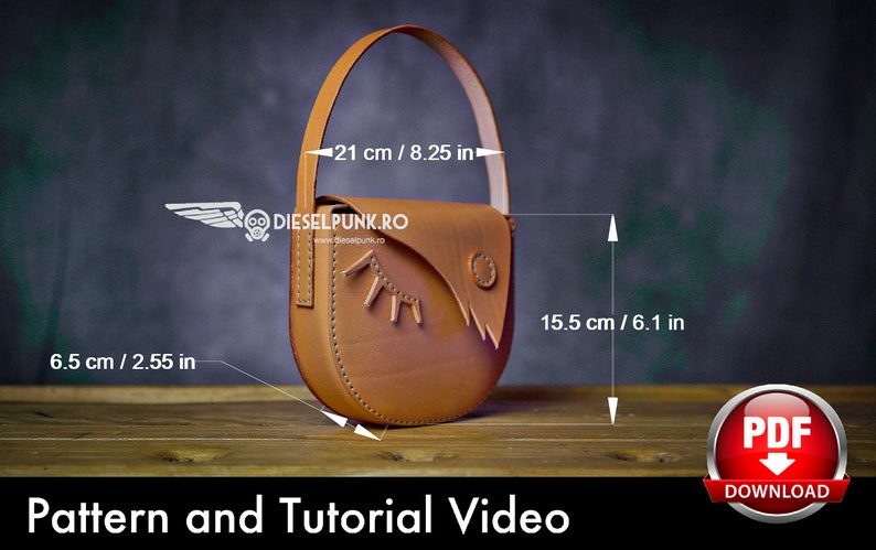 May include: A brown leather handbag with a flap closure and a decorative eye design. The bag measures 8.25 inches tall and 6.1 inches wide. The image includes the text "DIESELPUNK.RO" and "Pattern and Tutorial Video".