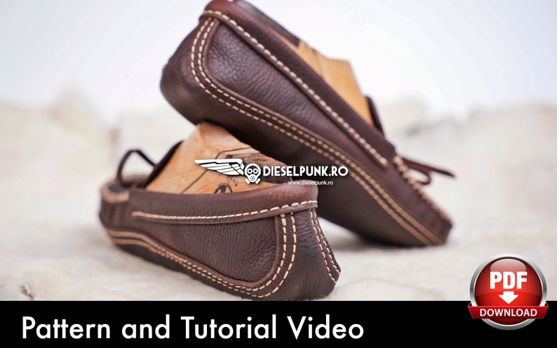 May include: Close-up of two brown leather moccasins with white stitching. The moccasins are on a white surface. The text "Pattern and Tutorial Video" is at the bottom of the image. A red button with the text "PDF DOWNLOAD" is in the lower right corner.