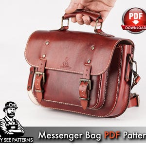 May include: A burgundy leather messenger bag with a top handle and adjustable shoulder strap. The bag features two front buckle closures and white stitching. The image includes the text "Messenger Bag PDF Patterns".