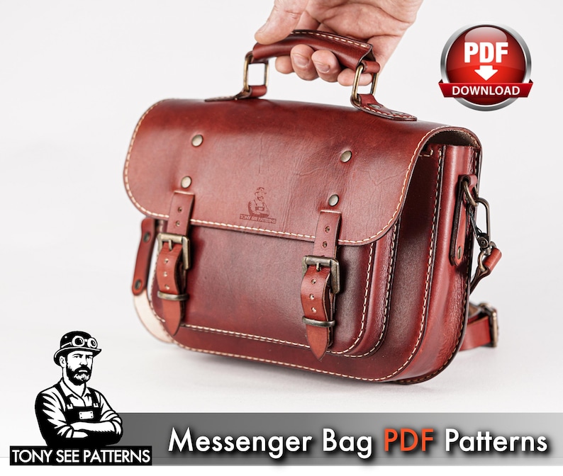 May include: A burgundy leather messenger bag with a top handle and adjustable shoulder strap. The bag features two front buckle closures and white stitching. The image includes the text "Messenger Bag PDF Patterns".