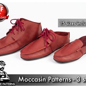 May include: Three red leather moccasins in different styles with red laces, presented as a PDF download pattern. The image includes text stating PDF DOWNLOAD, 15 sizes included, Moccasin Patterns - 3 styles, and TONY SEE PATTERNS.