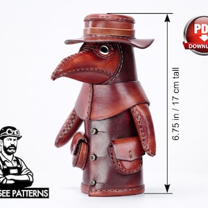 May include: A brown leather plague doctor figurine featuring a wide-brimmed hat, a long beak mask, and a coat with three metal buttons and two side pockets. The figure stands 6.75 inches tall and includes a PDF download icon and logo.