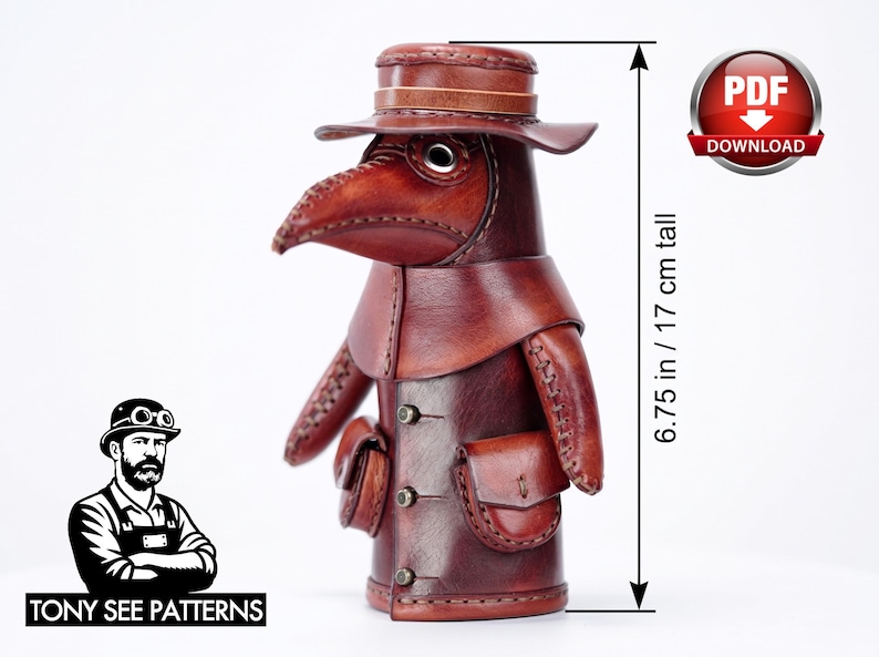 May include: A brown leather plague doctor figurine featuring a wide-brimmed hat, a long beak mask, and a coat with three metal buttons and two side pockets. The figure stands 6.75 inches tall and includes a PDF download icon and logo.