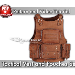 May include: Brown leather tactical vest and pouches set. The vest features multiple pockets with buckle closures and adjustable straps. The image includes the text "Pattern and Video Tutorial" and "Tactical Vest and Pouches Set".