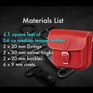 May include: A red leather bag with white stitching, a buckle closure, and a shoulder strap. The image also lists the materials needed: 4.5 square feet of leather, D-rings, swivel hooks, buckles, and rivets.